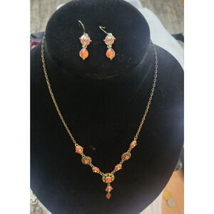 Vtg AVON Nina Ricci~Reds & Tangerine Crystal Y-Drop Earrings And Necklace Set